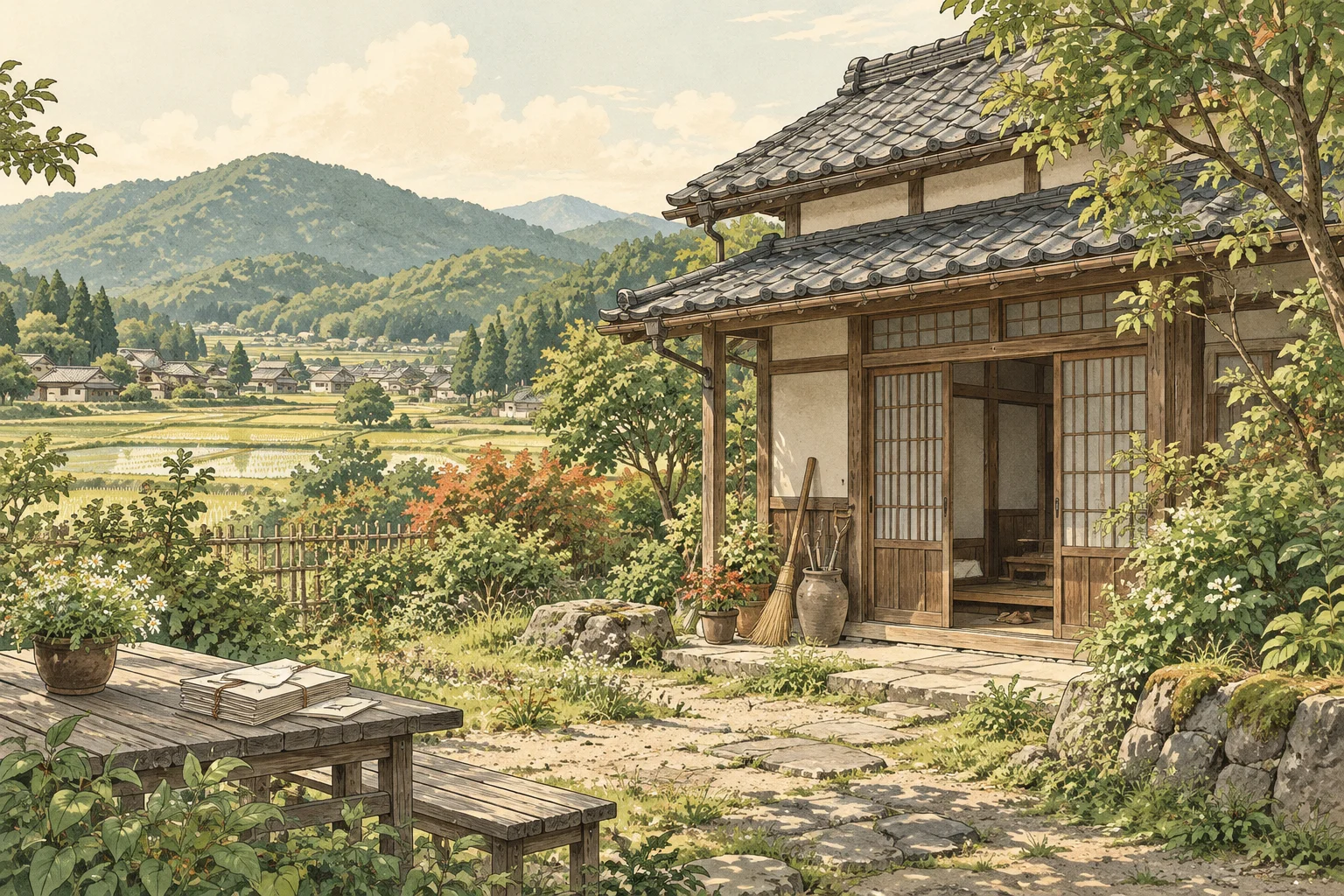 田舎の古い実家、伸びた庭草、積み重なる通知書を描いた挿絵