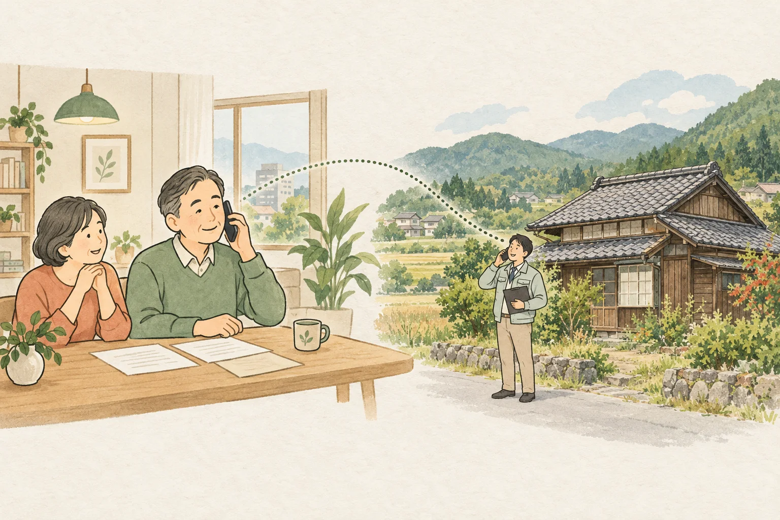 遠方の持ち主が電話で相談し、田舎の家と担当者につながる場面を描いた挿絵